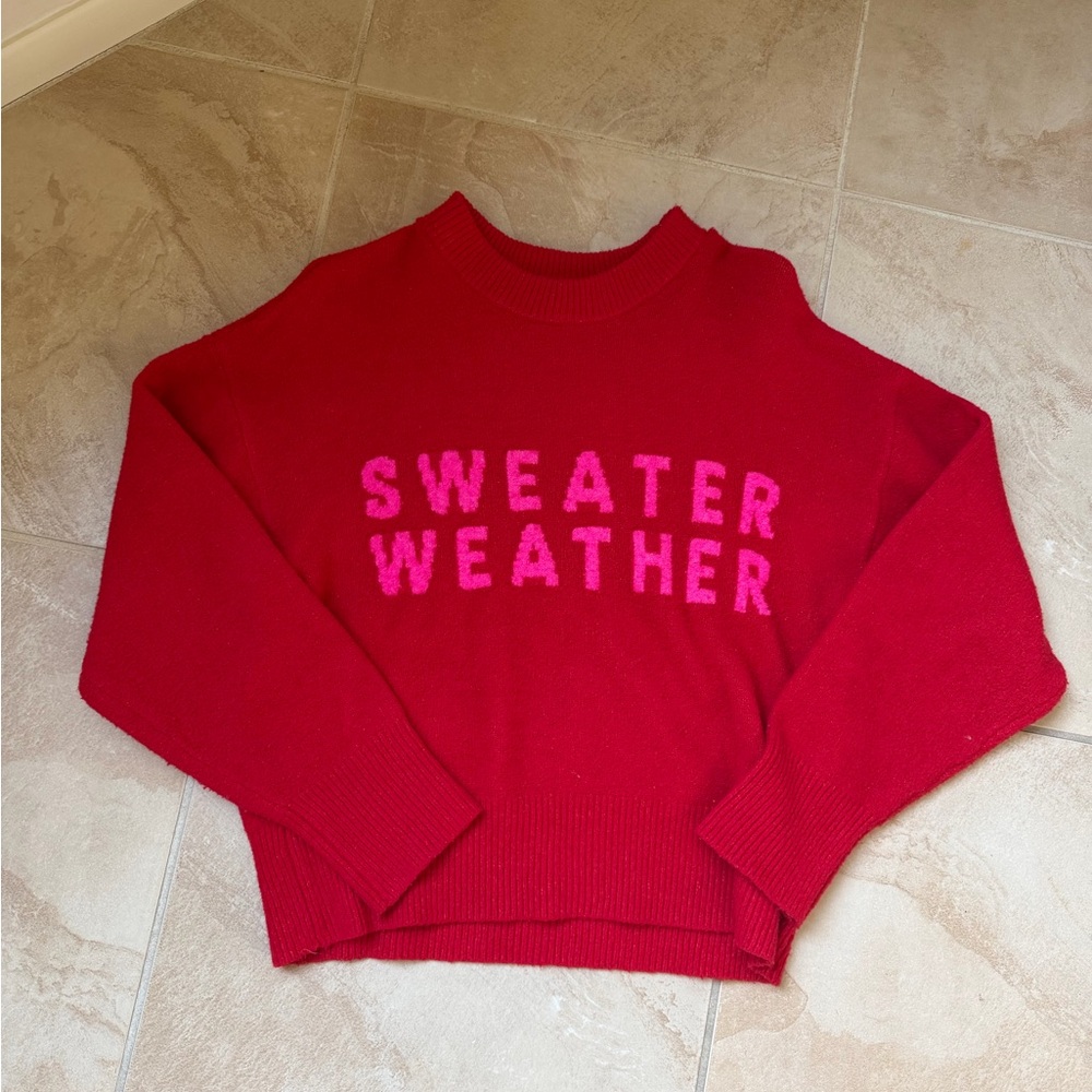 a new day Red Crew Neck Sweater with Pink Lettering